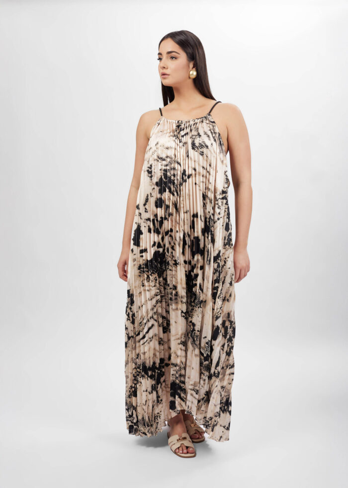 Women Pleated Printed Short Dress - Image 1