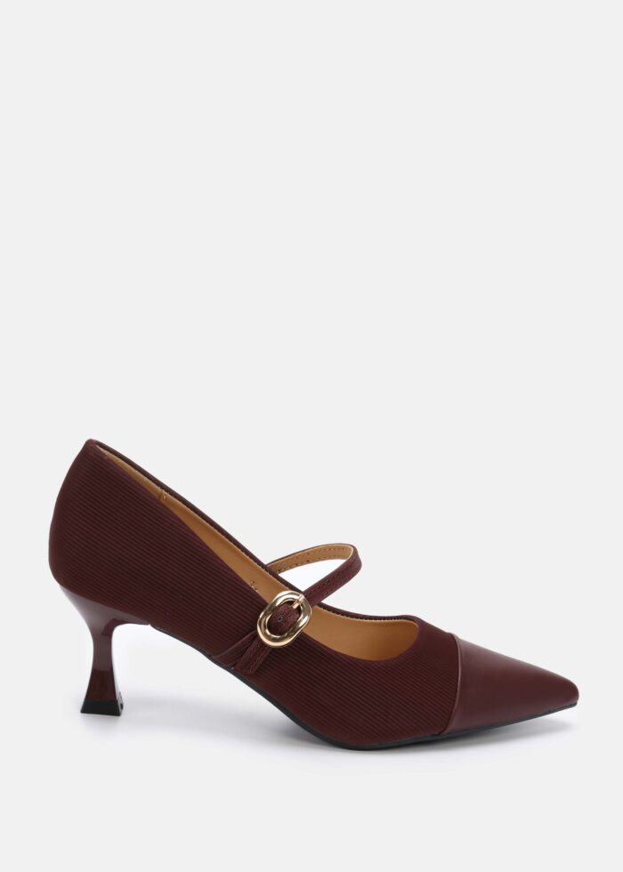 Women Leather and Striped Fabric Heels Shoes - Image 1