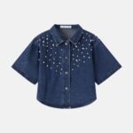Women Rhinestones Denim Shirt