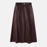 Women Belted Leather Midi Skirt