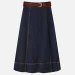 Women Belted Denim Midi Skirt