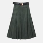 Women Belted Suede Pleated Midi Skirt